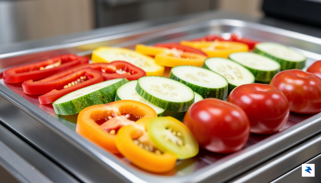 A close-up, high-definition photograph of vibrant, thinly sliced garden vegetables&hellip;