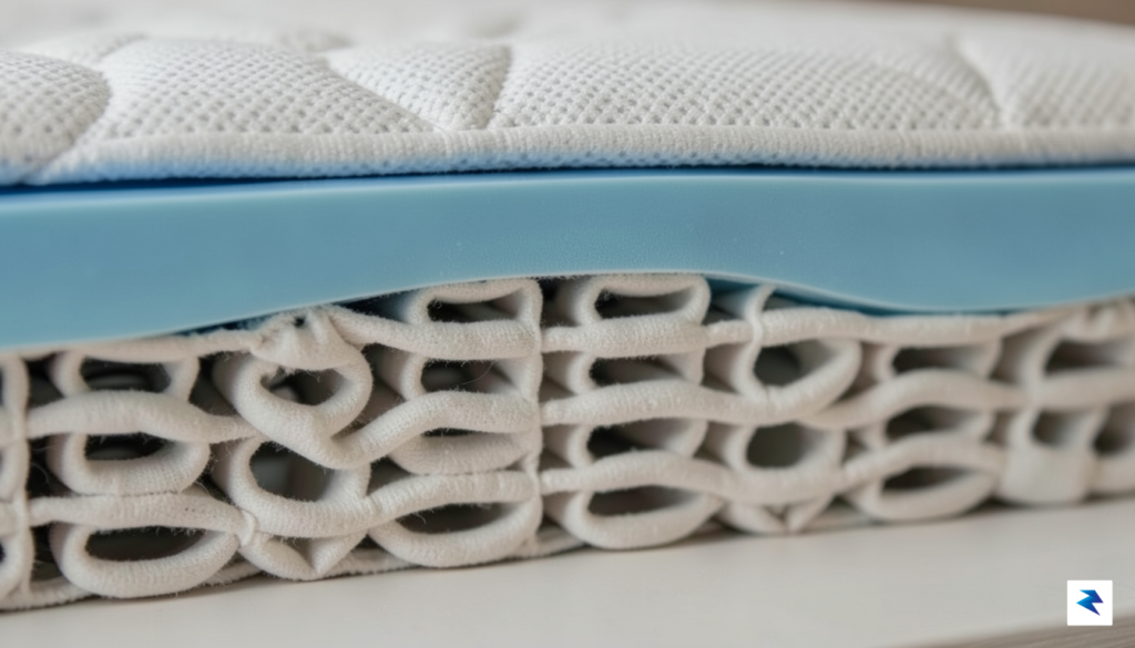 A high-resolution, close-up shot of a hybrid mattress cross-section, showing&hellip;