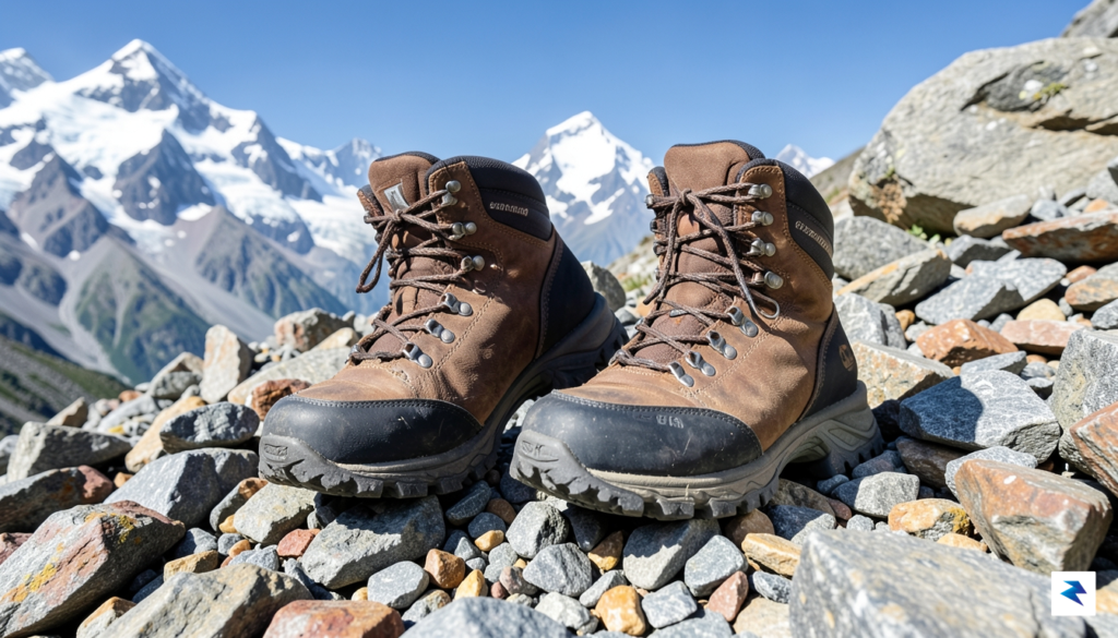 A pair of heavy-duty backpacking boots with a stiff sole&hellip;