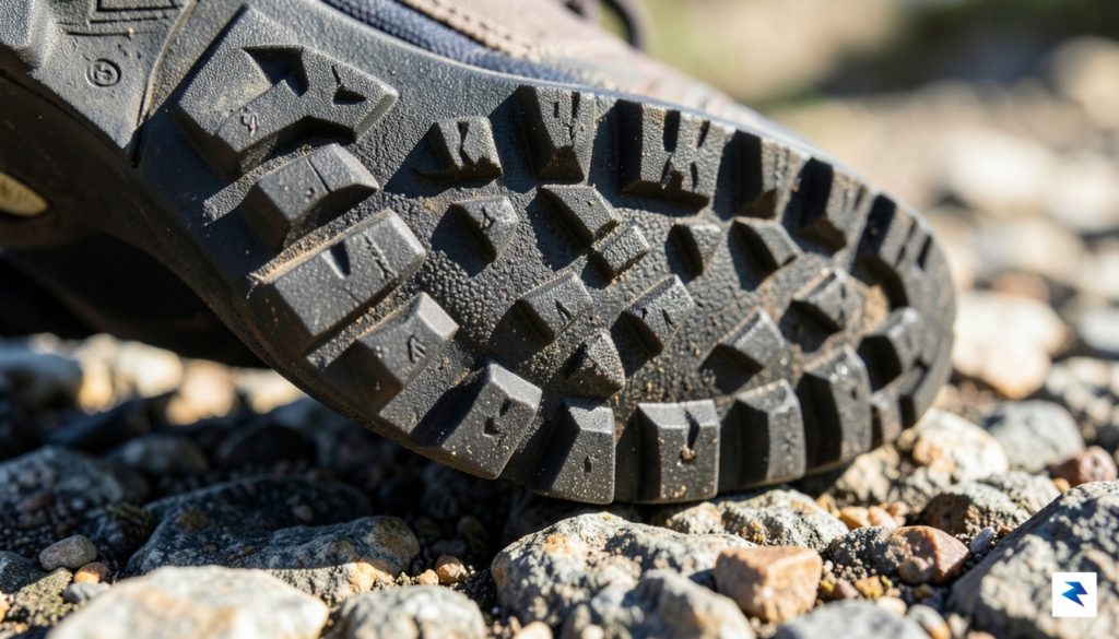 A close-up, high-detail macro shot of a hiking boot outsole&hellip;