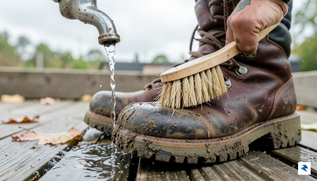 A close-up shot of a pair of muddy hiking boots&hellip;