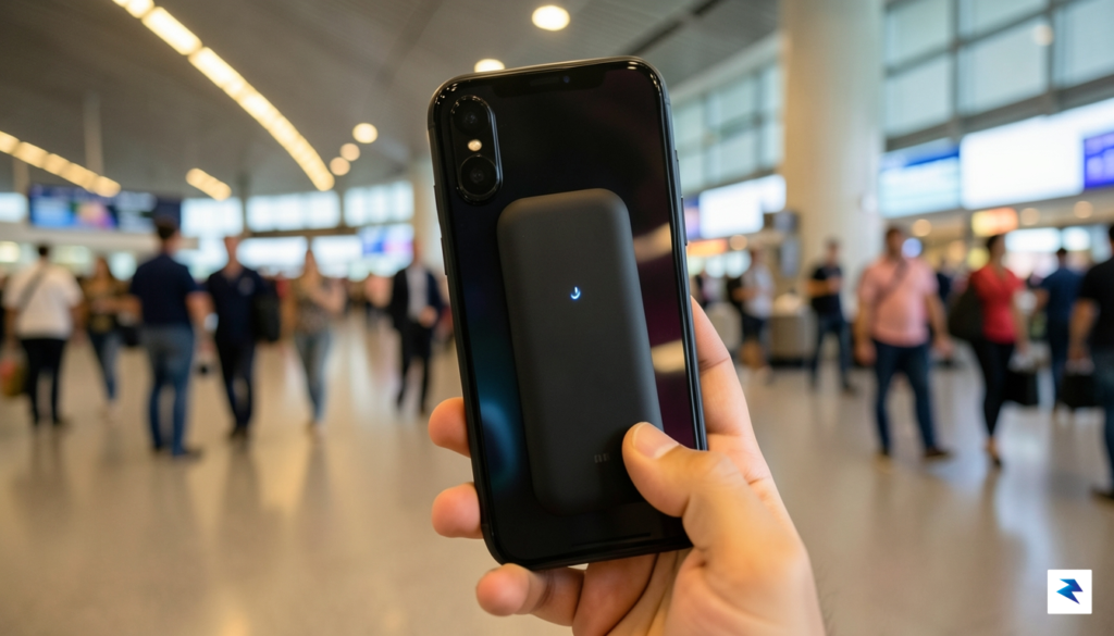 A sleek, ultra-slim magnetic power bank snapped onto the back&hellip;