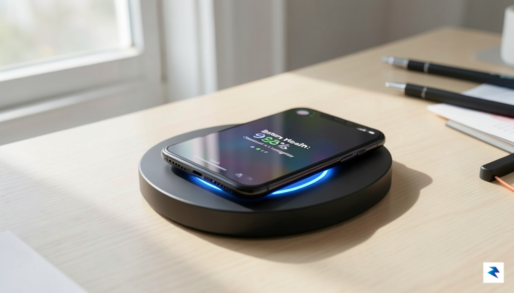A close-up shot of a smartphone charging wirelessly on a&hellip;