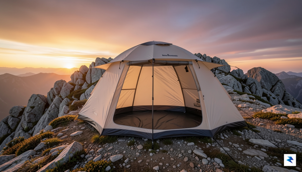 A wide-angle, eye-level shot of a modern, ultralight fast-pitch tent…