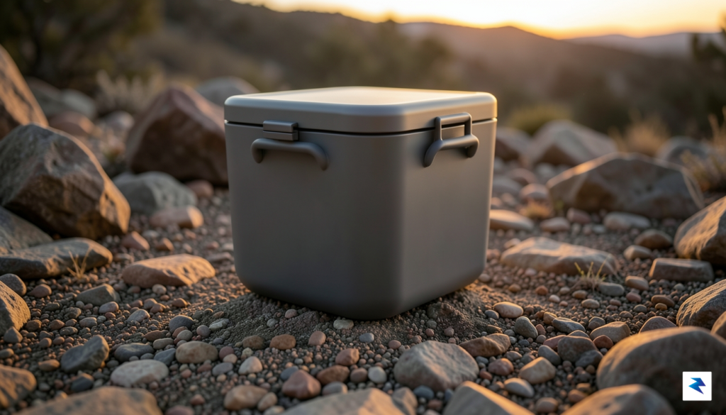 A sleek, modern rotomolded cooler resting on a rocky campsite…