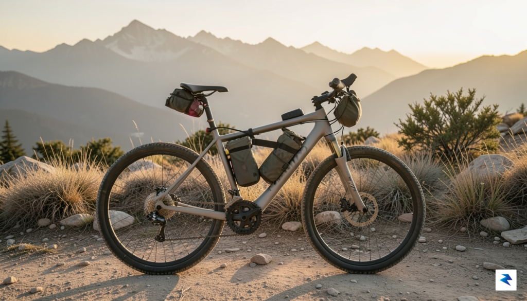 A sleek, matte-finish gravel bike loaded with waterproof bikepacking bags…