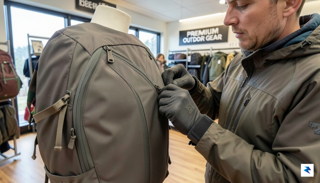 A close-up shot of a hiker carefully inspecting the stitching…