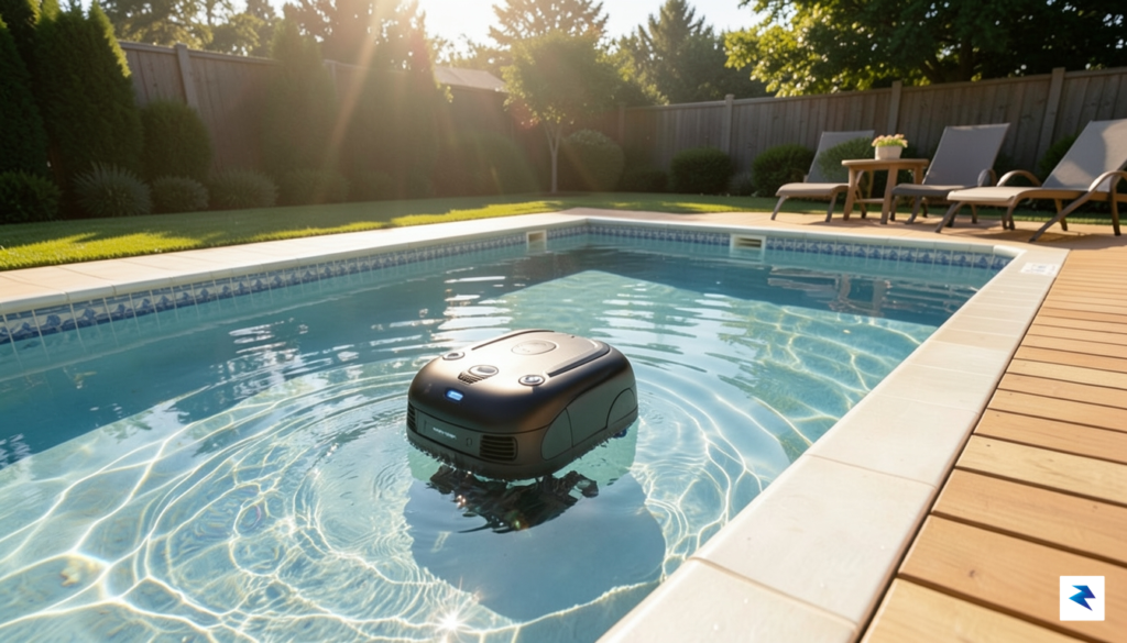 A sleek, high-tech robotic pool cleaner navigating a crystal clear&hellip;