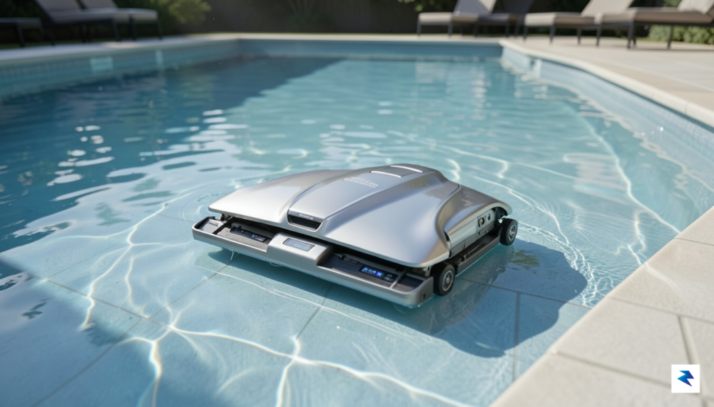 A sleek, futuristic robotic pool cleaner navigating the floor of&hellip;