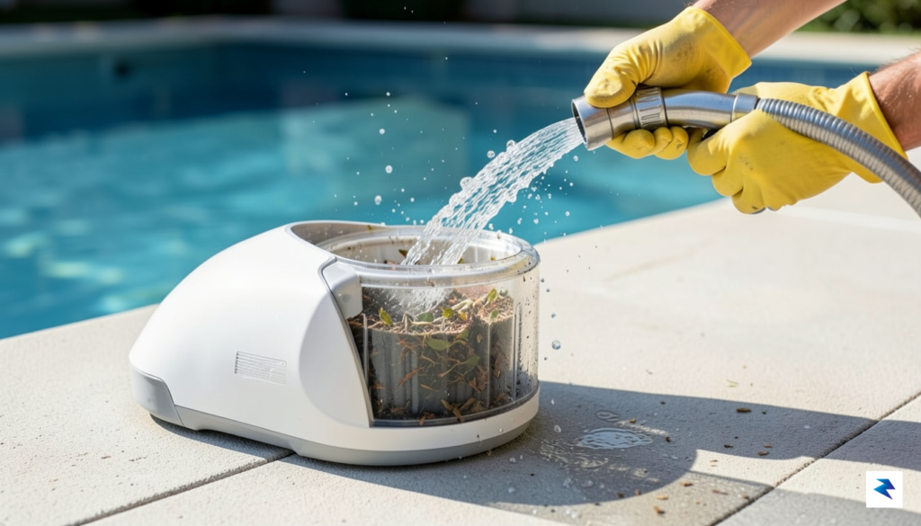 A close-up, high-resolution shot of a robotic pool cleaner being&hellip;