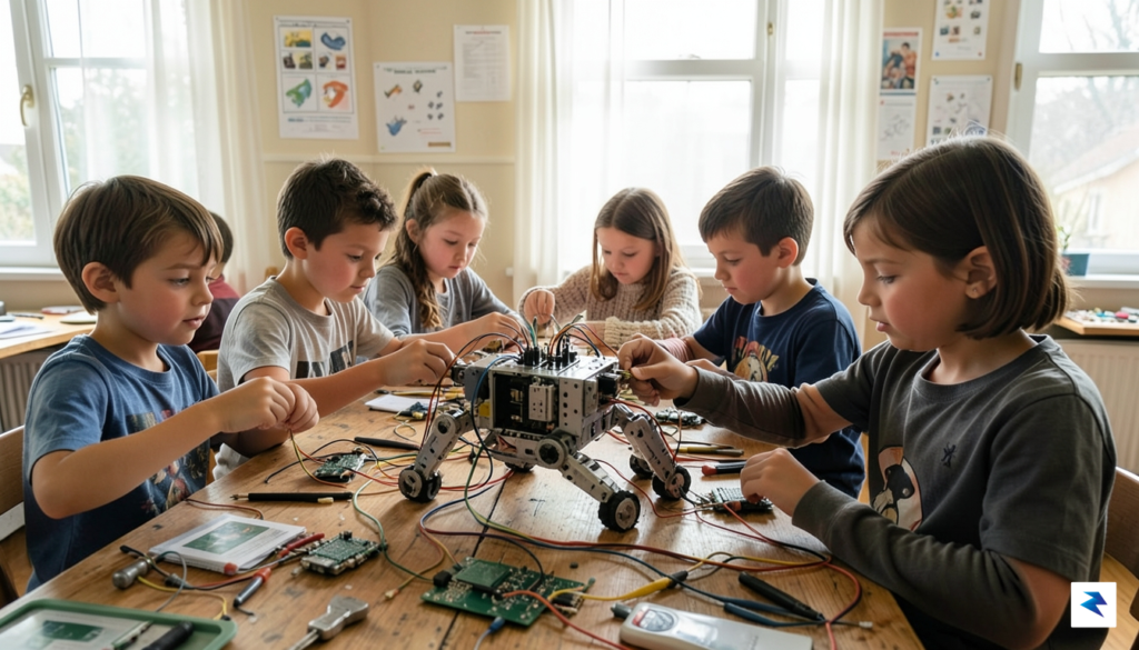 A diverse group of children focused intently on building a…
