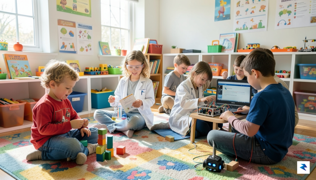 A diverse group of children of different ages engaged in…