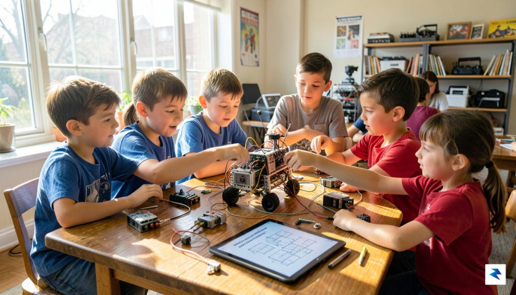 A diverse group of children collaborating to build a complex…