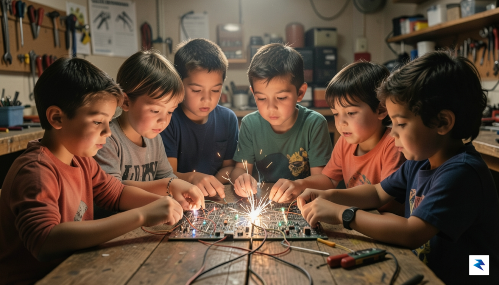 A diverse group of children focused intently on building an…