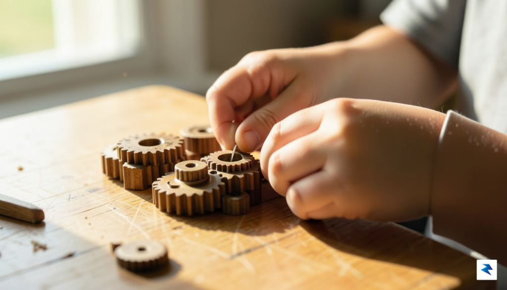 A close-up, high-quality shot of a child’s hands carefully assembling…
