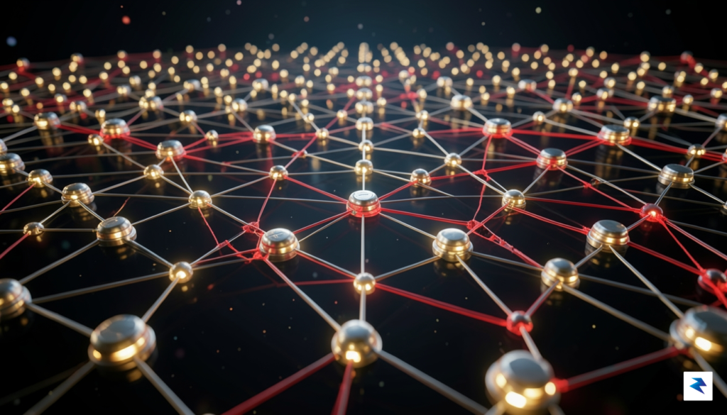 A conceptual digital illustration showing a complex network of glowing&hellip;
