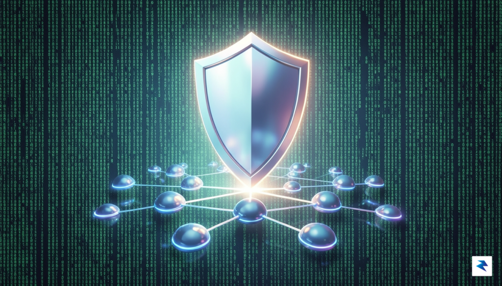 A conceptual digital security illustration showing a glowing shield protecting&hellip;