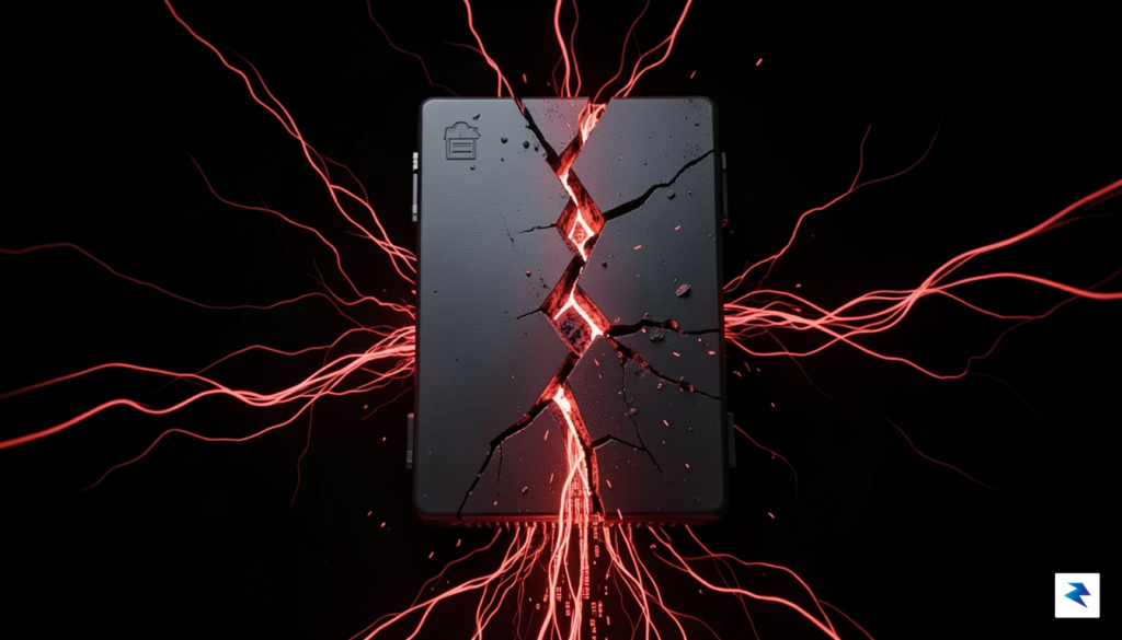 A digital visualization of a cracked server node with glowing&hellip;