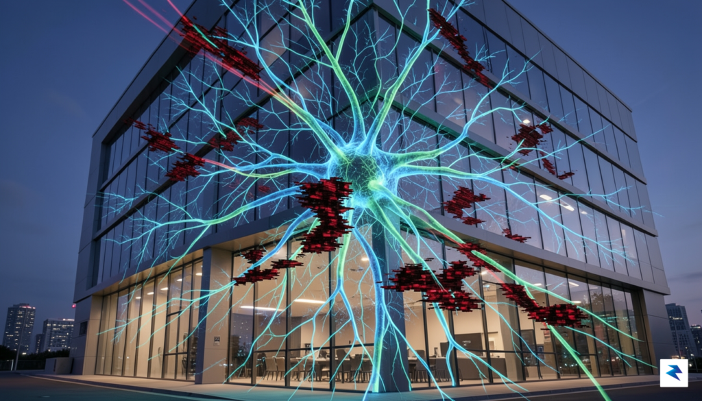 A digital visualization of a glowing, complex neural network overlaying&hellip;