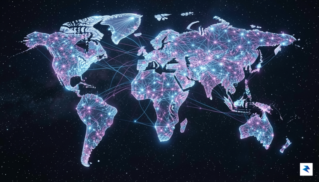 A conceptual digital visualization showing a glowing, interconnected global network…