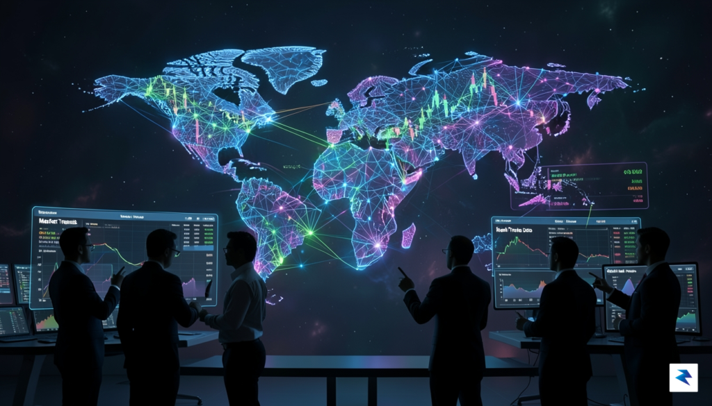 A conceptual digital illustration showing a glowing, interconnected global network…