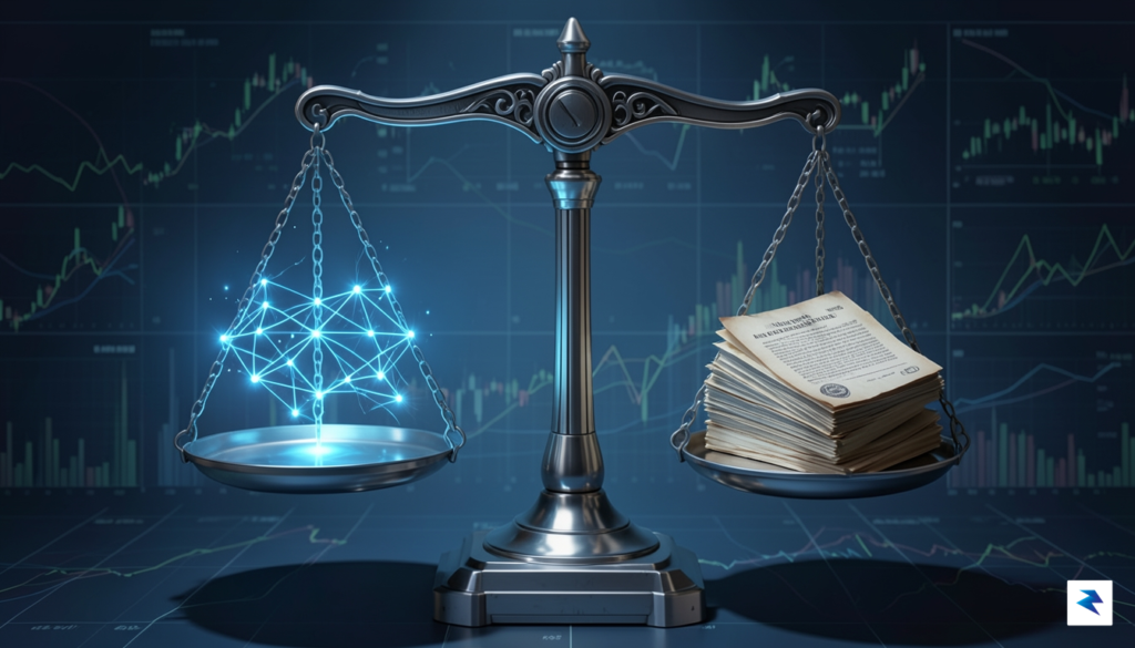 A conceptual digital illustration showing a high-tech legal scales of…