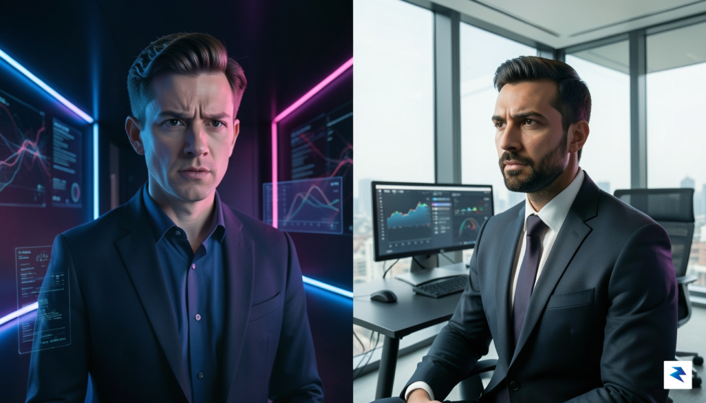 A digital split-screen portrait featuring Shayne Coplan on the left…