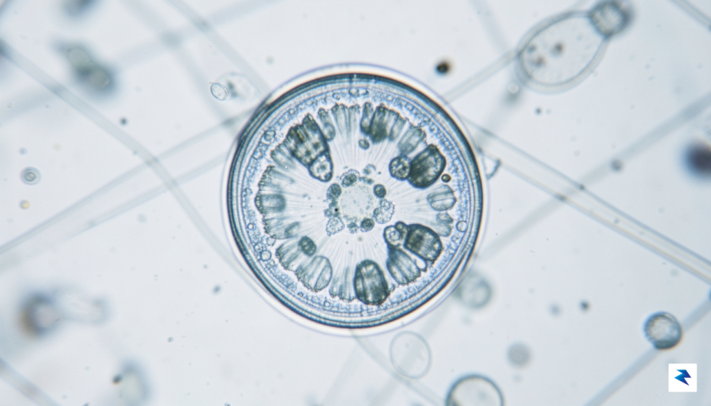 A close-up, high-magnification microscopic view of Cyclospora cayetanensis oocysts, showing…