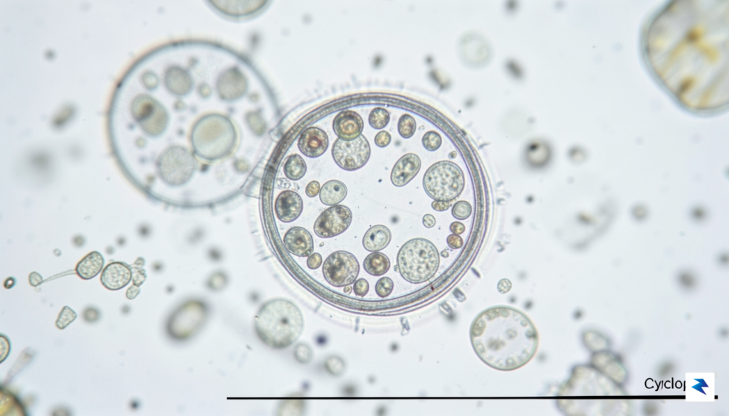A high-resolution, scientific-grade microscopic visualization of Cyclospora cayetanensis oocysts, showing…
