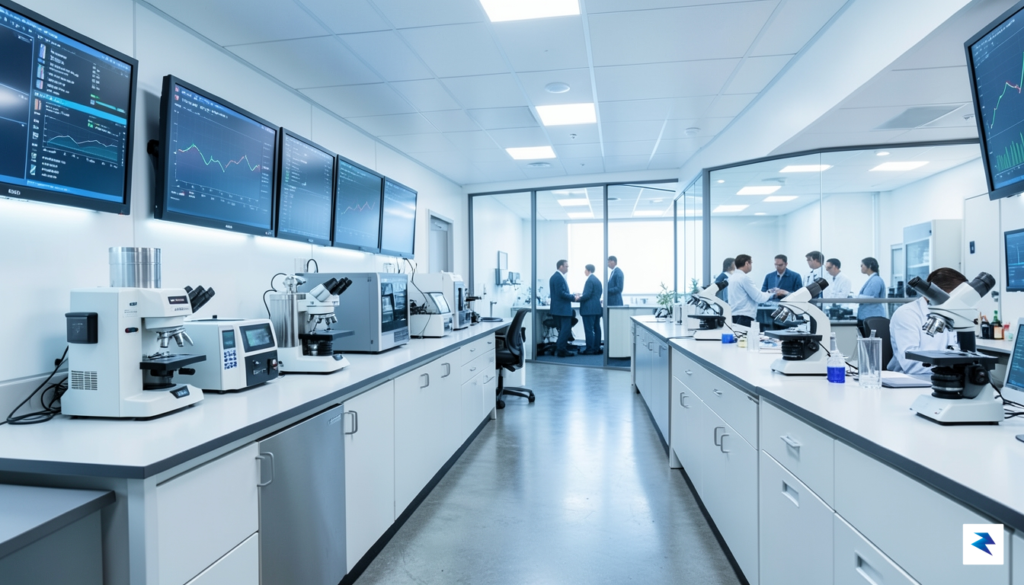 A modern, brightly lit laboratory setting featuring advanced scientific equipment,…