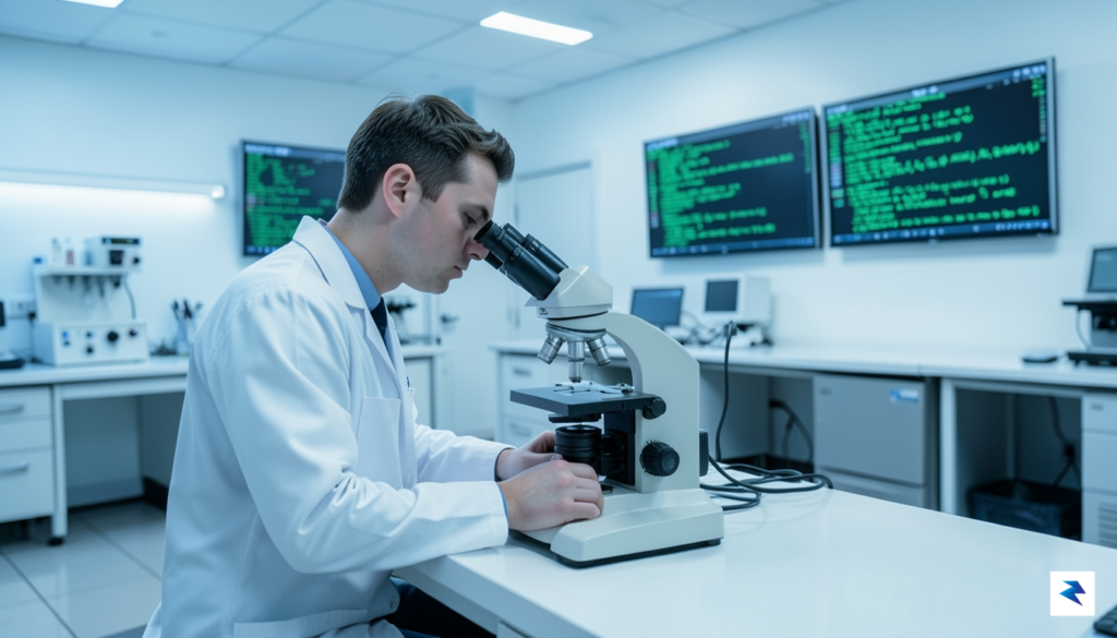 A high-resolution, professional laboratory setting featuring a scientist peering into…