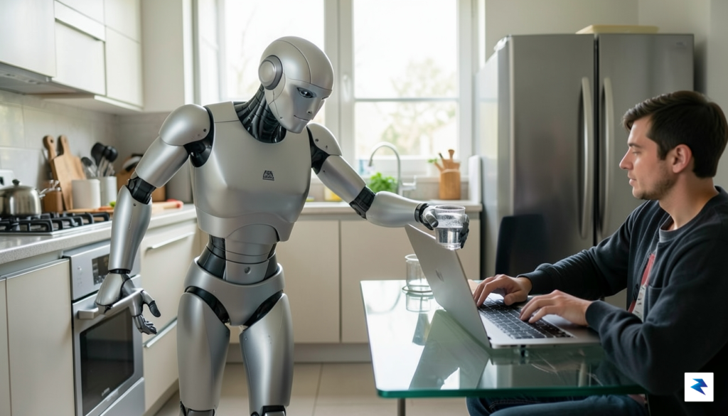 A sleek, humanoid robot navigating a cluttered modern kitchen, delicately&hellip;