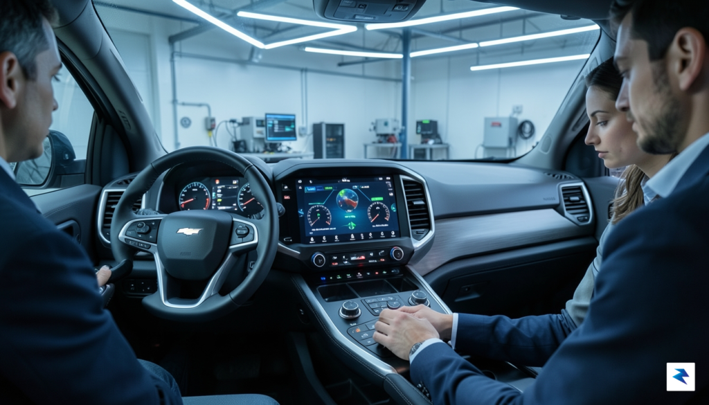 A sleek, modern automotive engineering lab showing a close-up of…