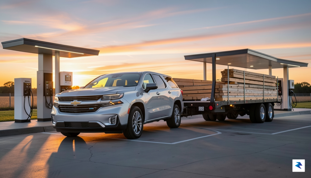 A wide-angle shot of a silver Chevy Silverado EV hitched…