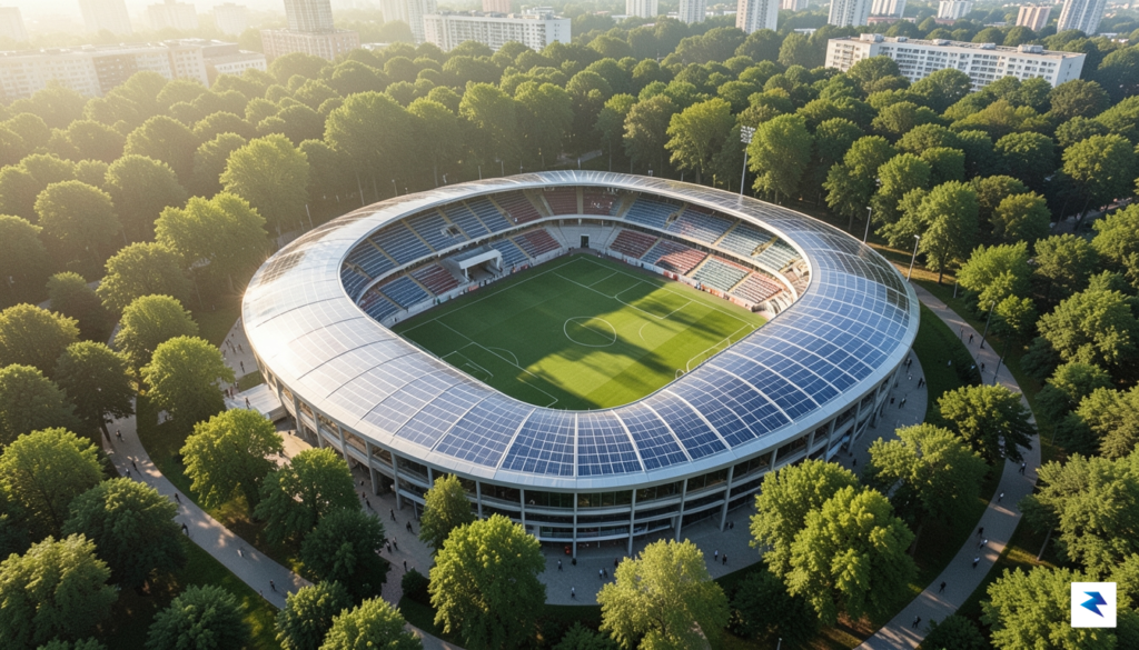 A wide-angle aerial shot of a modern, solar-powered soccer stadium…