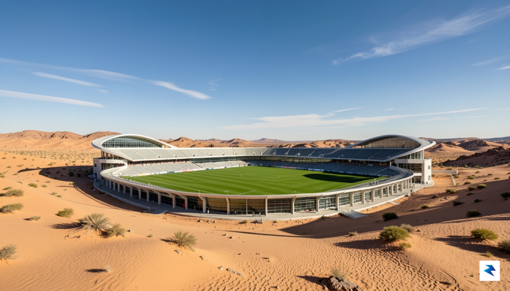A wide-angle shot of a sprawling, modern football stadium in…