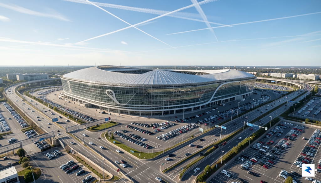 A high-angle aerial view of a massive, modern soccer stadium…