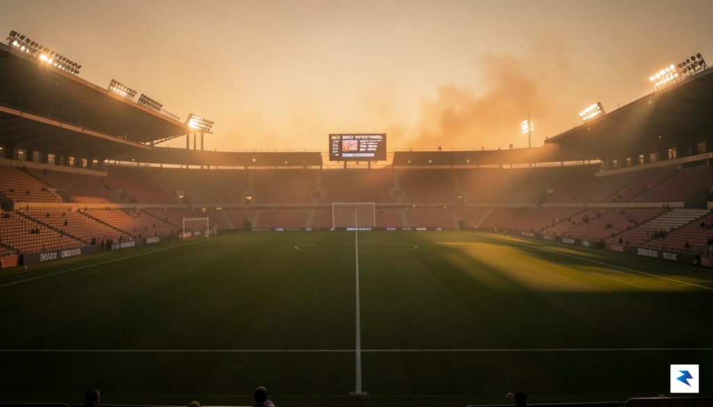 A wide-angle, cinematic shot of a professional soccer stadium at…