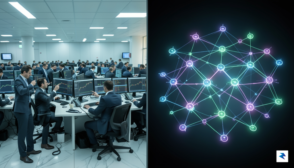 A modern, high-tech split-screen digital rendering showing a bustling stock…