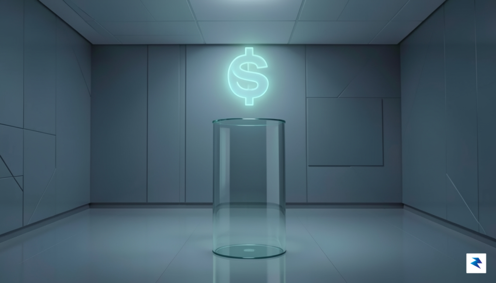 A conceptual digital illustration showing a glass pedestal in the…