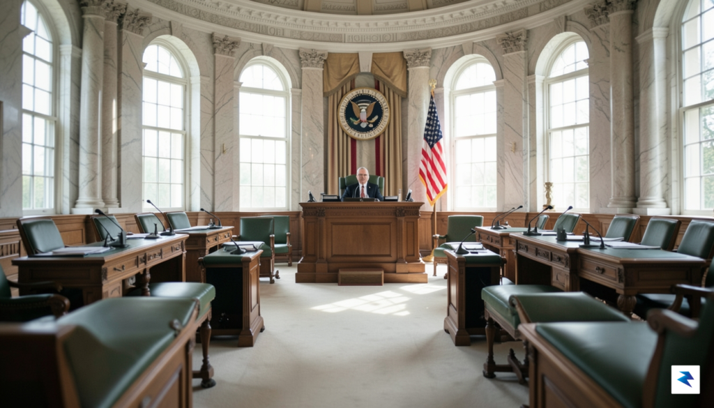 A wide-angle, high-resolution shot of the United States Senate chamber…