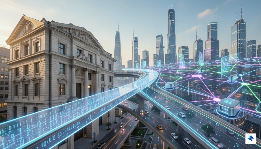 A modern, high-tech conceptual illustration showing a digital bridge connecting…