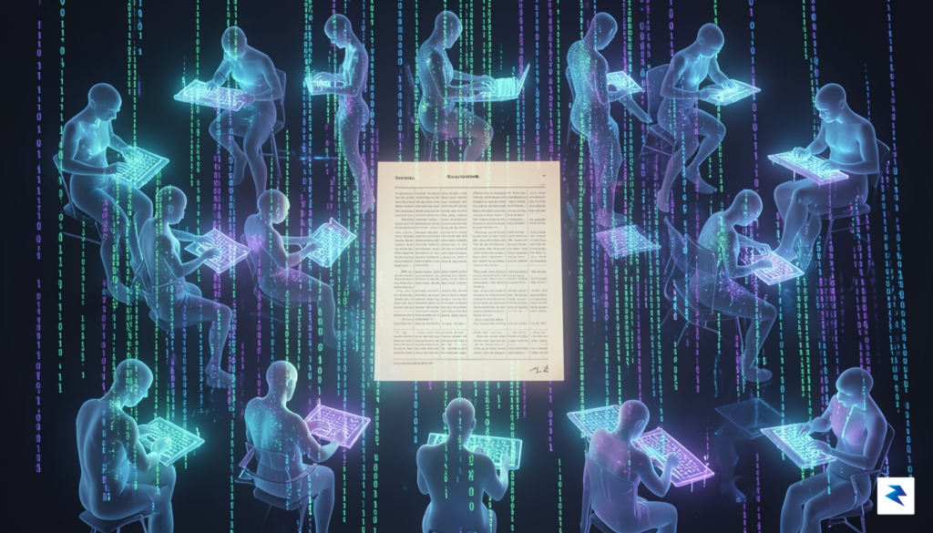 A surreal digital art piece showing a series of identical,&hellip;