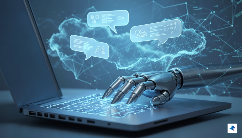 A digital art illustration showing a robotic hand typing on&hellip;