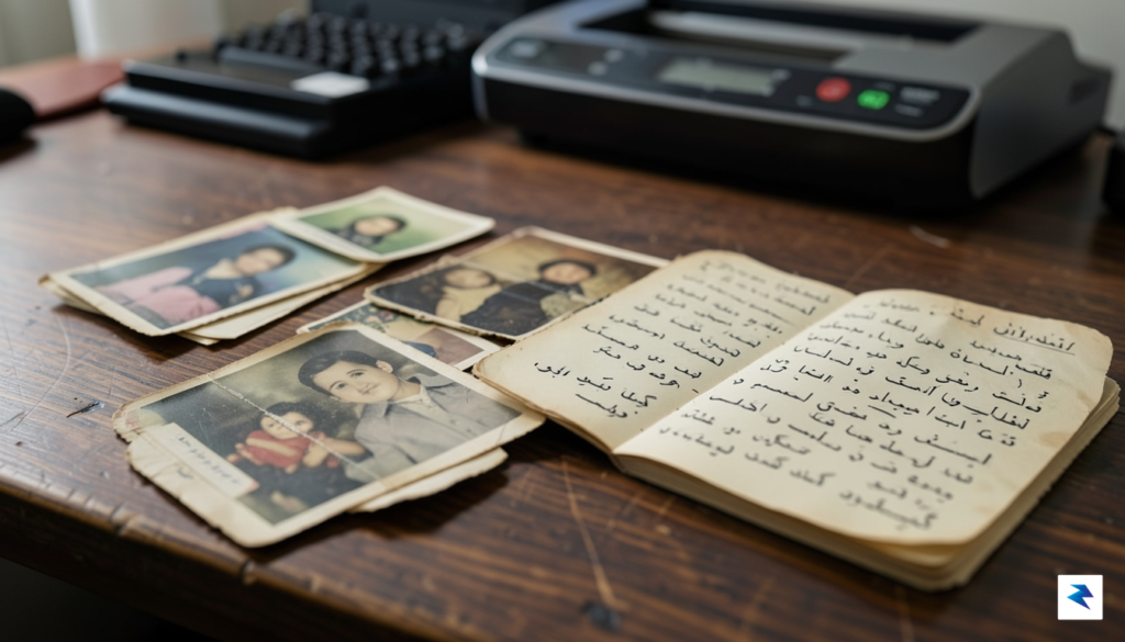 A close-up, high-resolution photograph of weathered, vintage family photographs and…