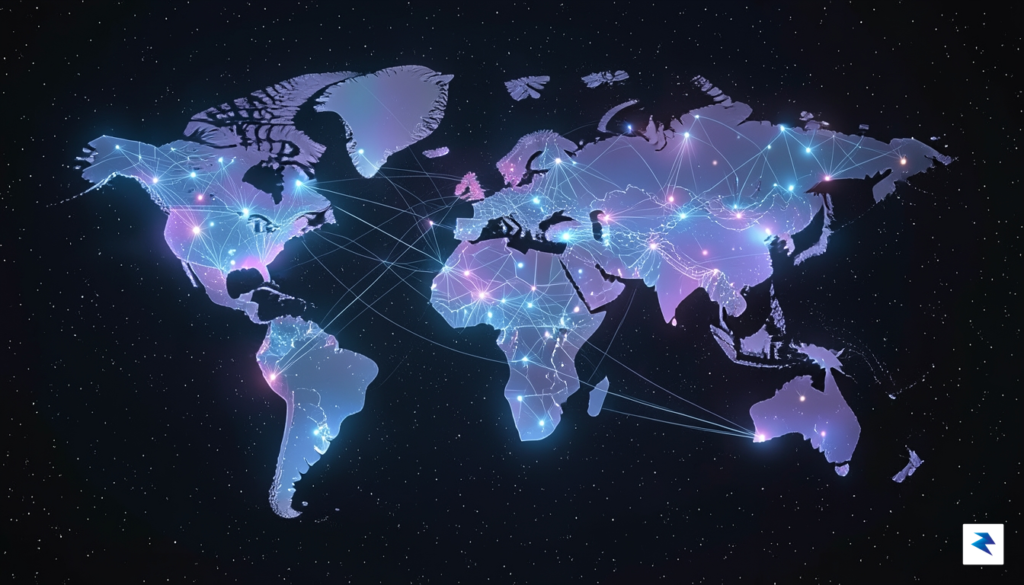 A conceptual illustration showing a digital map of the world…