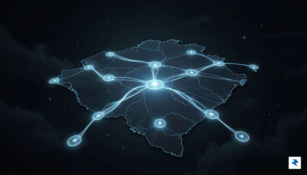 A conceptual digital landscape showing glowing, translucent data nodes connected…