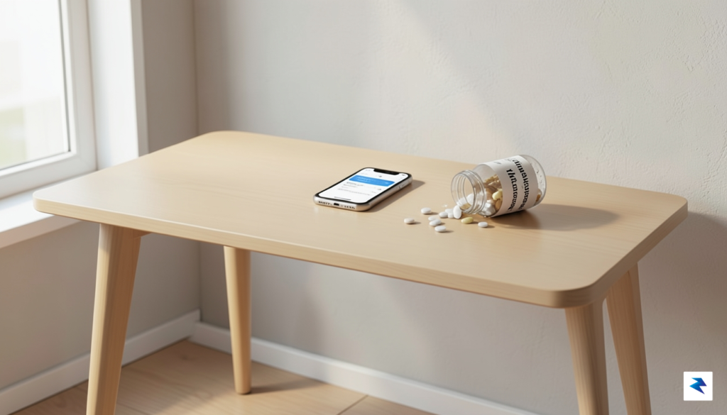 A modern, minimalist home office desk with a smartphone displaying…