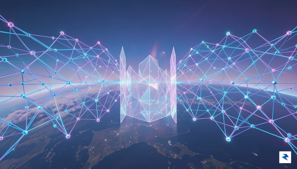 A conceptual illustration showing two glowing, interconnected digital networks starting&hellip;