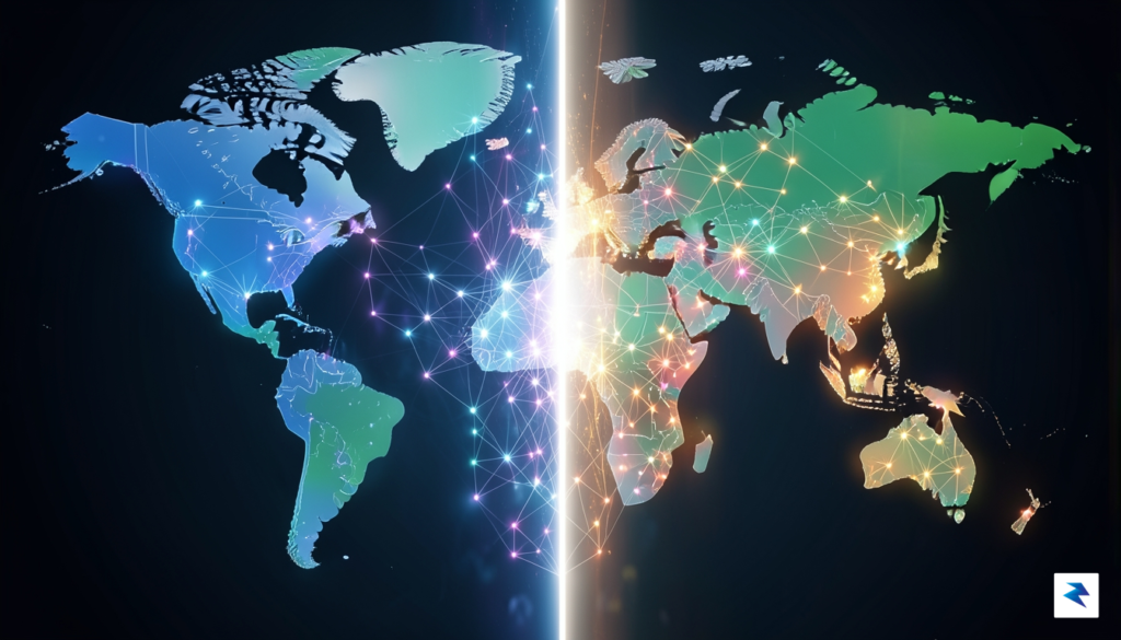 A conceptual illustration showing a digital map of the world&hellip;